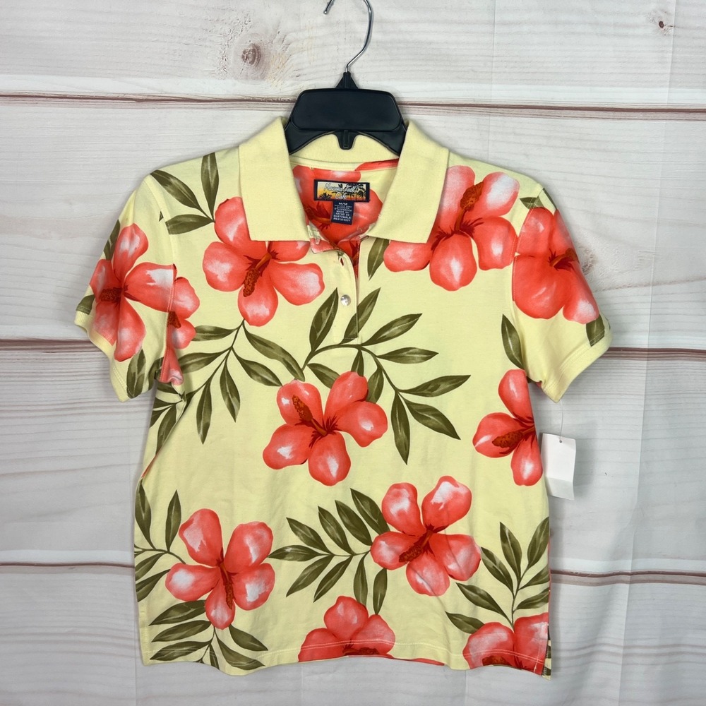 Havana Jacks Cafe Top Womens M Yellow Hibiscus Print Polo Shirt Cotton Stretch